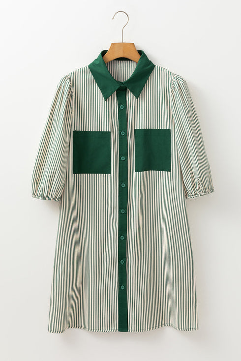 Patch Pockets Button Down Short Puff Sleeve Dress