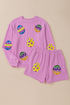 Patched Corded Long Sleeve Top And Shorts Graphic Sets