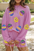Patched Corded Long Sleeve Top And Shorts Graphic Sets