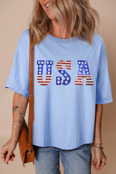 Patched Letter Graphic Drop Shoulder Cotton Crewneck Tee