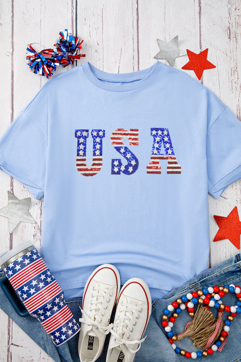 Patched Letter Graphic Drop Shoulder Cotton Crewneck Tee
