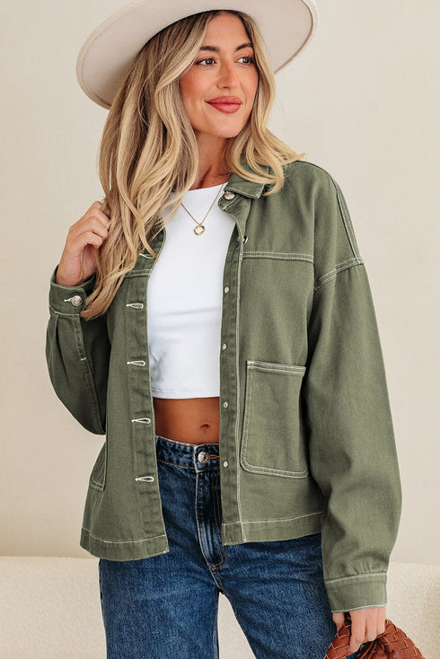 Patched Pocket Collared Button Front Boyfriend Denim Jacket