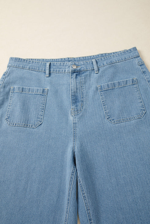 Patched Pocket Textured Denim Wide Leg Plus Size Bottoms