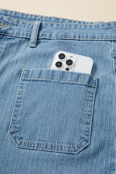 Patched Pocket Textured Denim Wide Leg Plus Size Bottoms