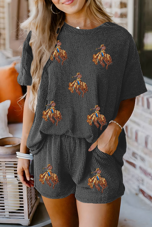 Patched Western Rodeo Graphic Corded Two Piece Set