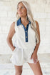 Patchwork Block Polo Collar Elastic Waist Sleeveless Romper