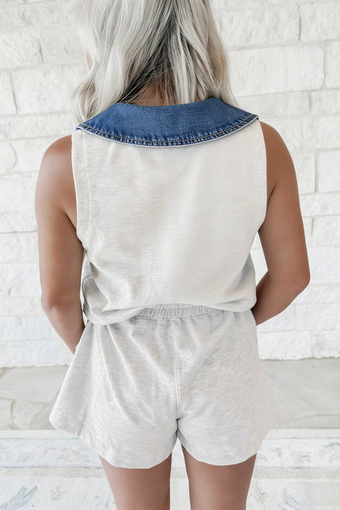Patchwork Block Polo Collar Elastic Waist Sleeveless Romper