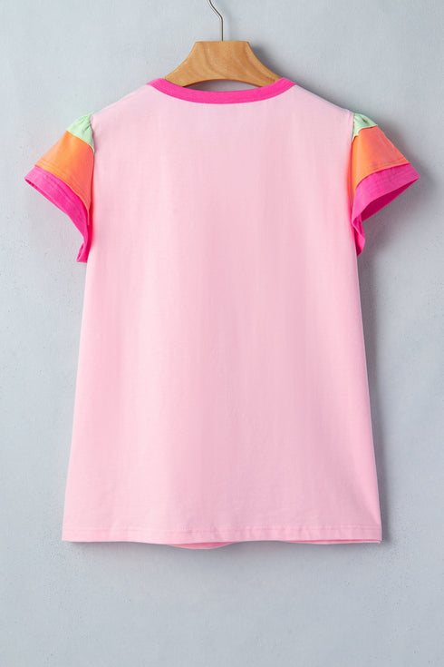 Patchwork Blocked Print Flutter Sleeve Round Neck T Shirt