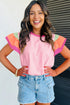 Patchwork Blocked Print Flutter Sleeve Round Neck T Shirt