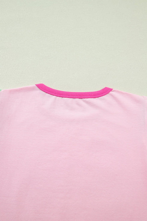 Patchwork Blocked Print Flutter Sleeve Round Neck T Shirt