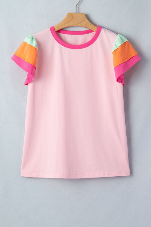 Patchwork Blocked Print Flutter Sleeve Round Neck T Shirt