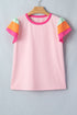 Patchwork Blocked Print Flutter Sleeve Round Neck T Shirt