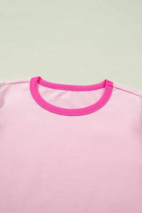 Patchwork Blocked Print Flutter Sleeve Round Neck T Shirt