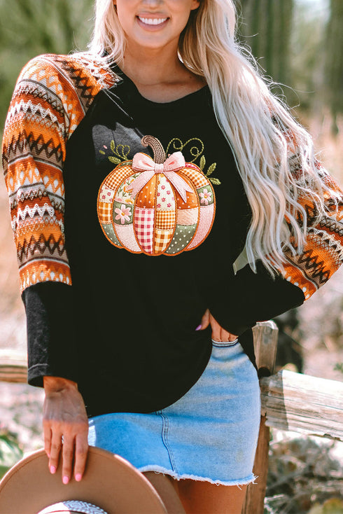 Patchwork Bow Graphic Geometric Sleeve Raglan Top