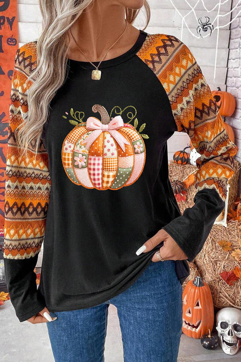 Patchwork Bow Graphic Geometric Sleeve Raglan Top