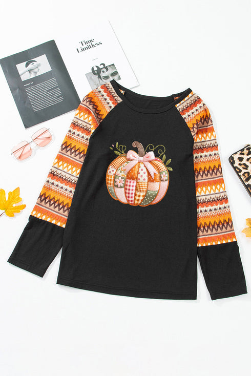 Patchwork Bow Graphic Geometric Sleeve Raglan Top