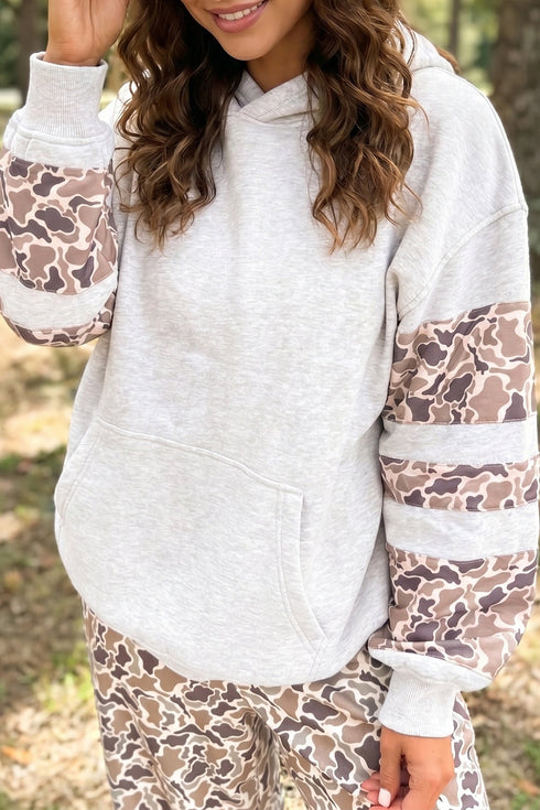 Patchwork Camo Seamed Detail Long Sleeve Casual Hoodie