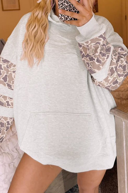 Patchwork Camo Seamed Detail Long Sleeve Casual Hoodie