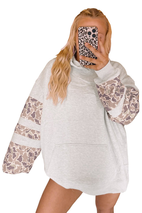 Patchwork Camo Seamed Detail Long Sleeve Casual Hoodie