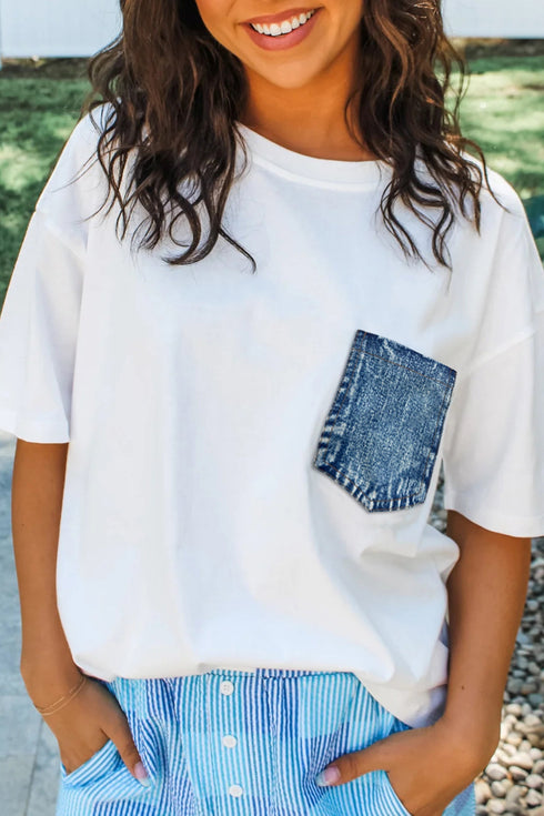 Patchwork Chest Pocket Short Sleeve Casual Top