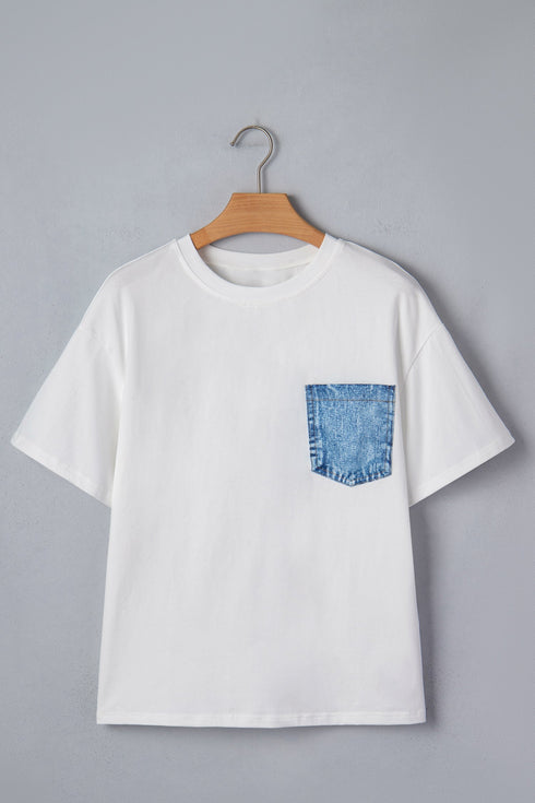 Patchwork Chest Pocket Short Sleeve Casual Top