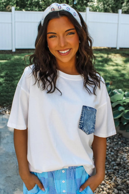 Patchwork Chest Pocket Short Sleeve Casual Top