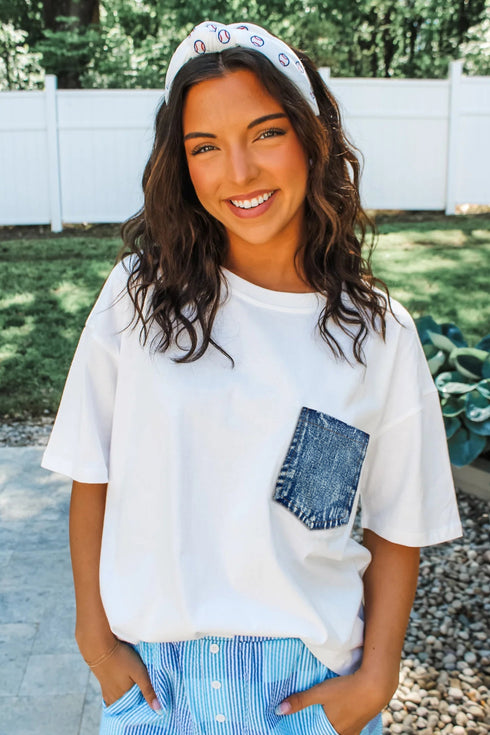 Patchwork Chest Pocket Short Sleeve Casual Top