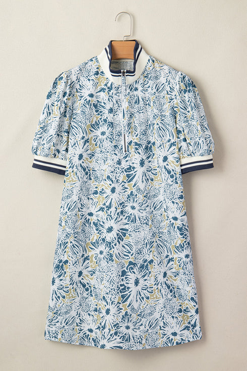 Patchwork Collar Striped Webbing Short Sleeve Floral Dress