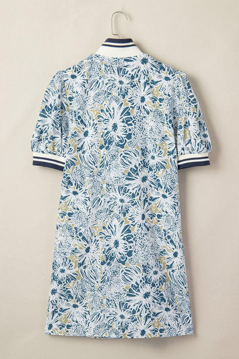 Patchwork Collar Striped Webbing Short Sleeve Floral Dress