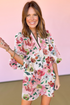 Patchwork Contrast Trim Puff Sleeve Shift Floral Dress