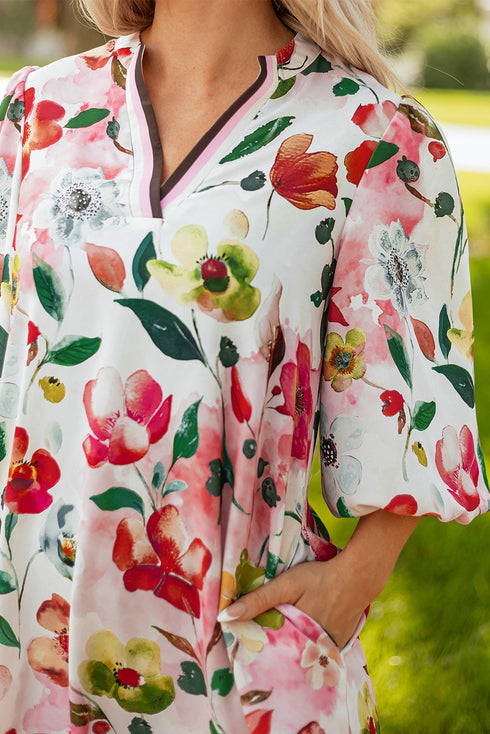 Patchwork Contrast Trim Puff Sleeve Shift Floral Dress