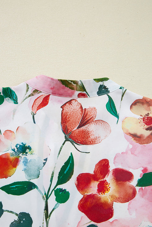 Patchwork Contrast Trim Puff Sleeve Shift Floral Dress