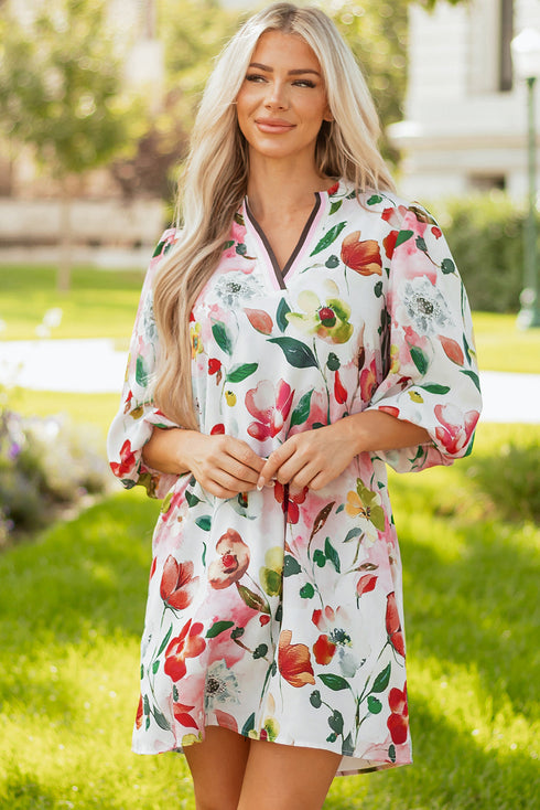 Patchwork Contrast Trim Puff Sleeve Shift Floral Dress