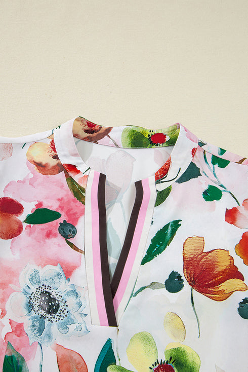 Patchwork Contrast Trim Puff Sleeve Shift Floral Dress
