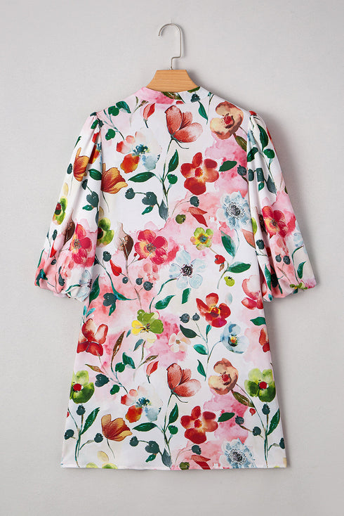Patchwork Contrast Trim Puff Sleeve Shift Floral Dress