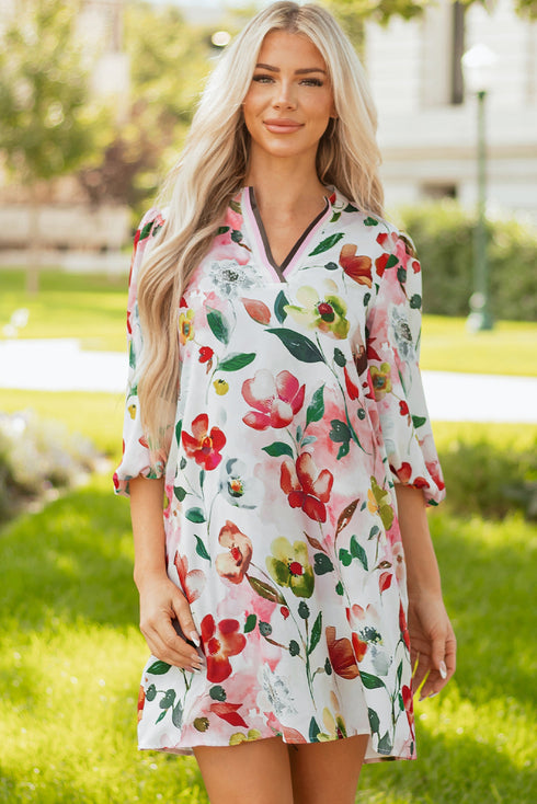 Patchwork Contrast Trim Puff Sleeve Shift Floral Dress