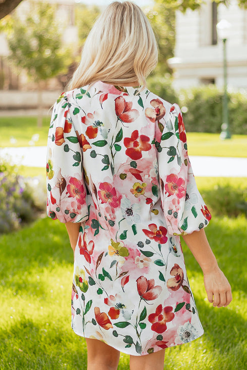 Patchwork Contrast Trim Puff Sleeve Shift Floral Dress