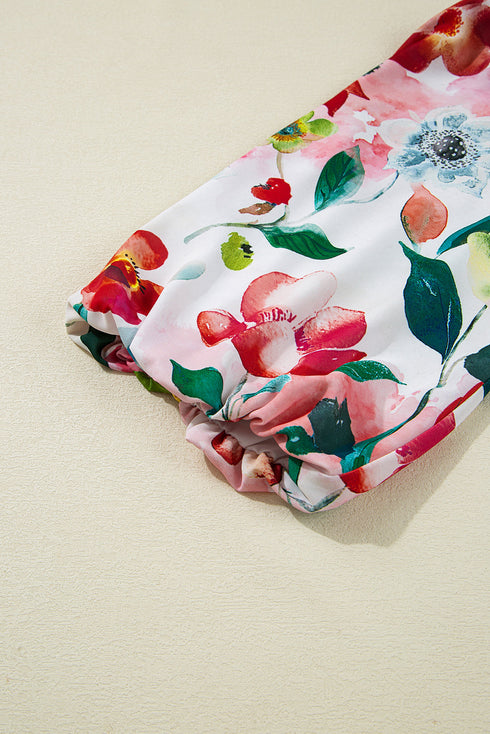 Patchwork Contrast Trim Puff Sleeve Shift Floral Dress