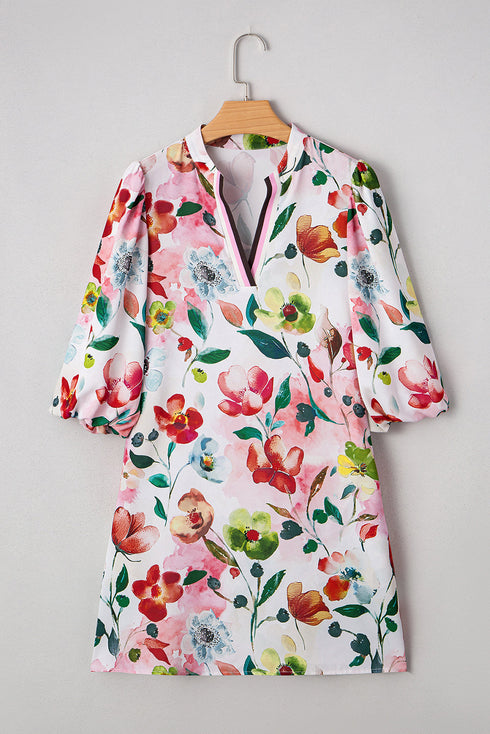 Patchwork Contrast Trim Puff Sleeve Shift Floral Dress