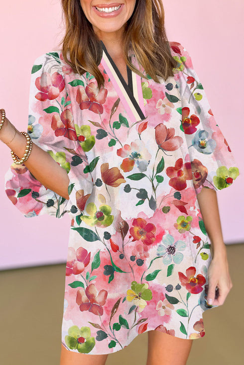 Patchwork Contrast Trim Puff Sleeve Shift Floral Dress