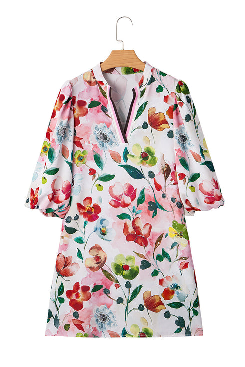 Patchwork Contrast Trim Puff Sleeve Shift Floral Dress