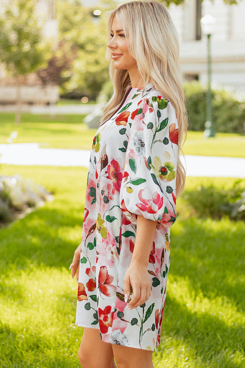 Patchwork Contrast Trim Puff Sleeve Shift Floral Dress