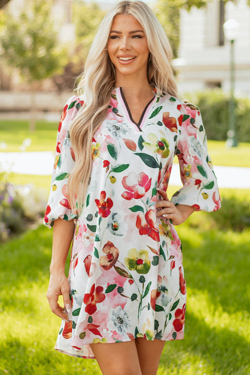 Patchwork Contrast Trim Puff Sleeve Shift Floral Dress