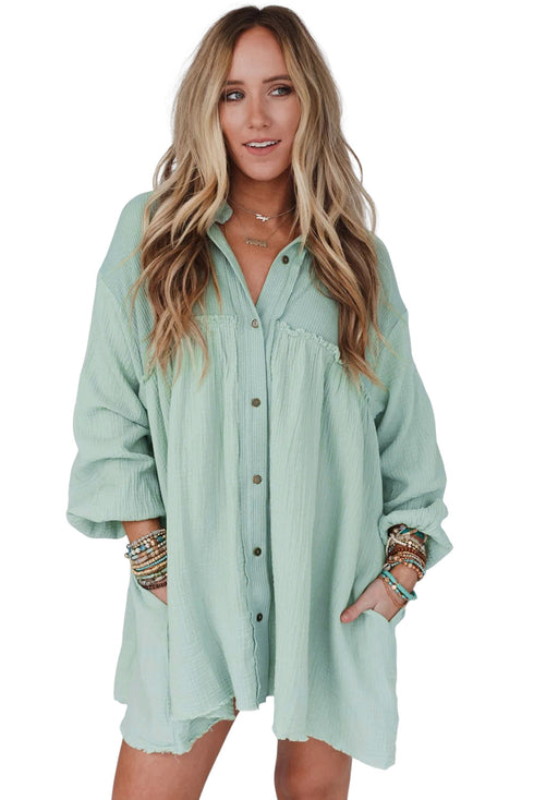 Patchwork Crinkle Puff Sleeve Shirt Dress