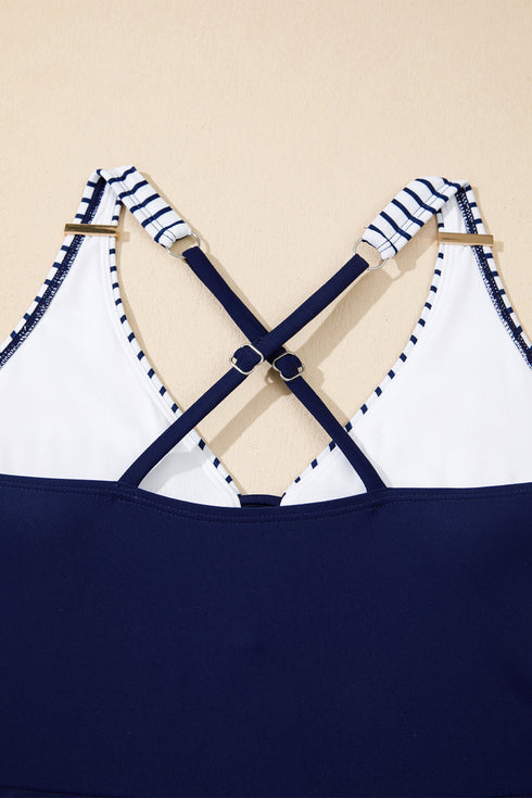 Patchwork Crossed Strap One Piece Swim Dress