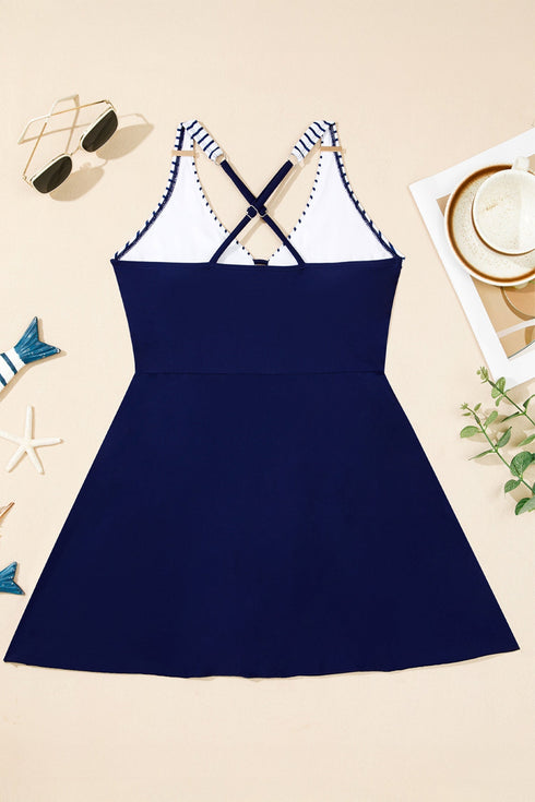 Patchwork Crossed Strap One Piece Swim Dress