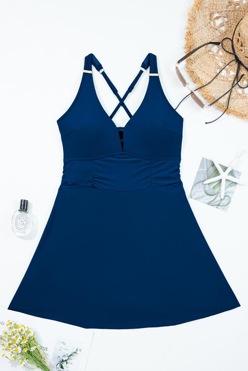 Patchwork Crossed Strap One Piece Swim Dress