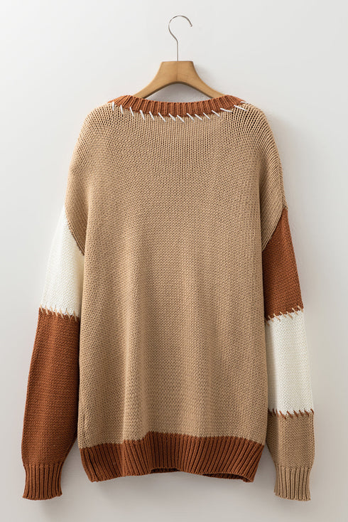 Patchwork Design Stitch Detail Casual Knit Sweater