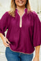 Patchwork Detailed Trim Puff Sleeve V Neck Plus Size Blouse
