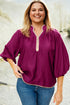 Patchwork Detailed Trim Puff Sleeve V Neck Plus Size Blouse